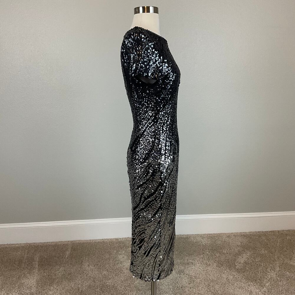 Betsy & Adam Black and Silver Cocktail Dress Sequin Sparkly Midi Sheath Size 10 - Picture 4 of 10